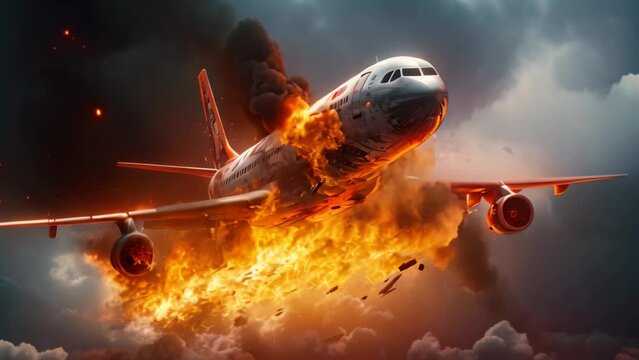Airplane in the sky with smoke and fire. 3d rendering, Airplane with engine on fire, concept of aerial disaster, AI Generated