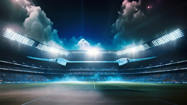 Soccer stadium in lights and flashes 3D rendering toned image, American football stadium in lights and flashes, AI Generated