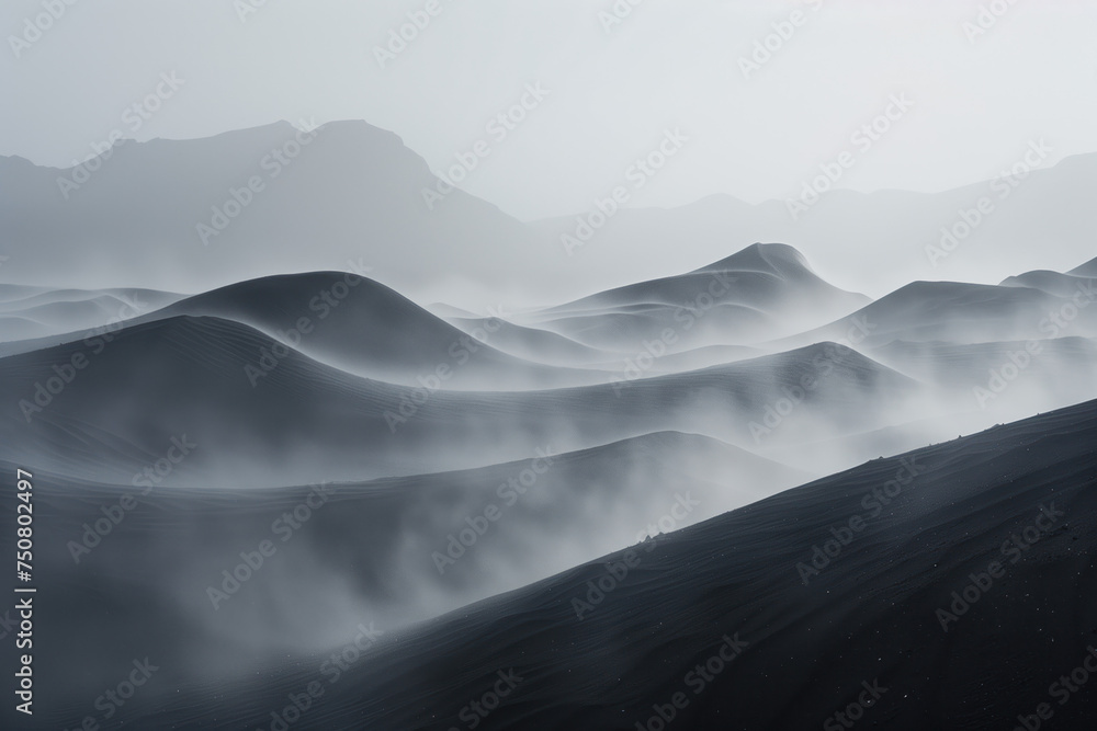 Aufkleber misty sand dunes in a desert. surreal landscape. background image. created with generative ai techno