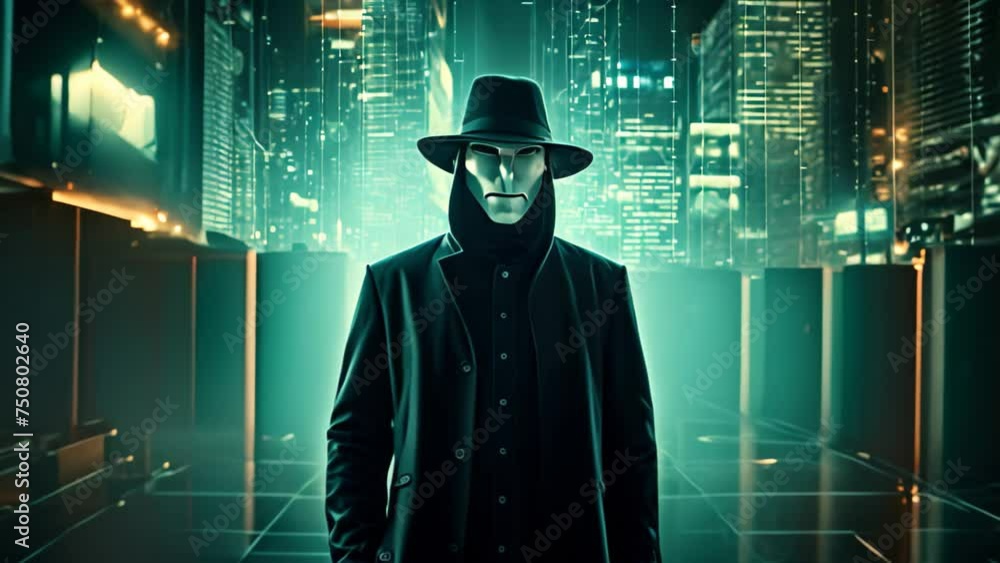 Poster mysterious man with black mask and glowing cityscape on background, anonymous hacker, surrounded by 