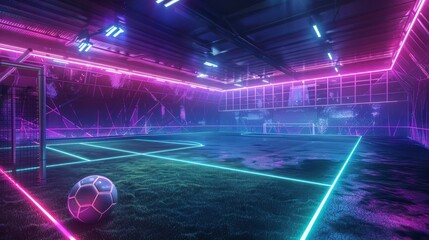A soccer field with textured surfaces, illuminated by neon lights amidst a foggy atmosphere, centered around the midfield