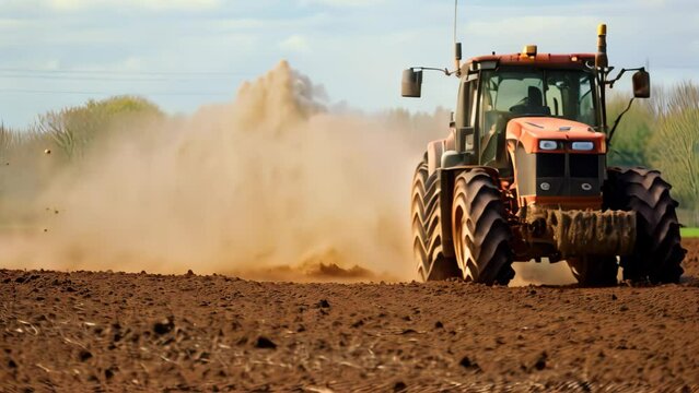 Tractor plowing a field with seedbed cultivator in early spring, Application of manure on arable farmland, AI Generated
