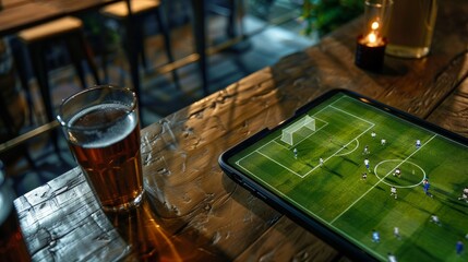 A view from above of a soccer field displayed on a smartphone within a sports bar setting - obrazy, fototapety, plakaty