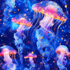 Jellyfish seamless pattern tile background - obrazy, fototapety, plakaty