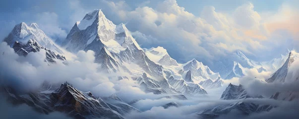 Fotobehang Nature's ethereal canvas, a mountain summit veiled in clouds, offering a panoramic view of the wild and untamed landscape adorned with a blanket of snow © Влада Яковенко
