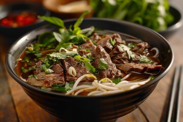 A symphony of flavors in a bowl of Beef Pho, showcasing thinly sliced beef, rice noodles, and aromatic herbs, all bathed in a rich and aromatic broth simmered to perfection