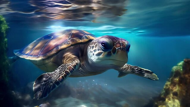 A large aquatic turtle swims in the ocean underwater. Illustration