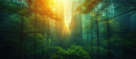 green forest and modern skyscrapers windows.