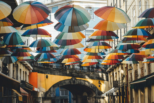 View of the famous Pink Street (Rua Nova do Carvalho) in Lisbon, Portugal.
