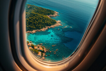 View from an airplane window with a breathtaking view of the tropical island and sea