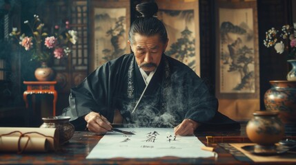 A master in traditional attire performing the delicate art of Asian calligraphy with a brush on white paper - obrazy, fototapety, plakaty