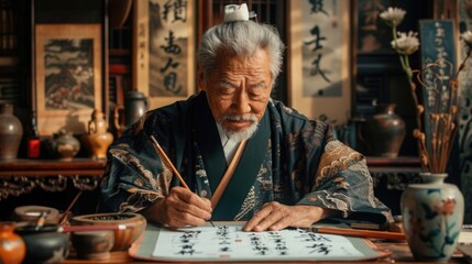 A master in traditional attire performing the delicate art of Asian calligraphy with a brush on white paper