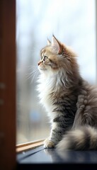 Close up fluffy adorable kitten on bright background, cute domestic cat portrait in soft light