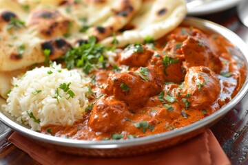 A tantalizing platter of Indian Butter Chicken, featuring tender pieces of chicken cooked in a creamy tomato-based sauce infused with aromatic spices