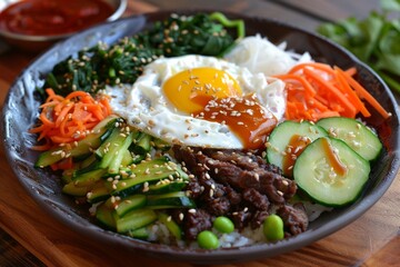 A vibrant platter of Korean Bibimbap, featuring a colorful arrangement of vegetables, marinated beef, and a perfectly fried egg