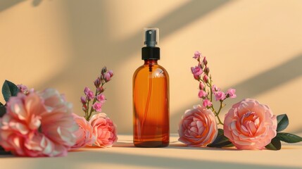 Obraz na płótnie Canvas Amber glass spray bottle with pink flowers on a beige background. Product presentation for cosmetics or aromatherapy. Beauty and nature concept for poster design with shadow play