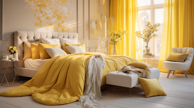 Fototapeta Jasna żółta przytulna sypialnia w stylu glamour - mockup. Żółte słoneczne, złote i białe kolory wnętrza. Render 3d. Wizualizacja