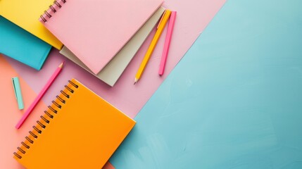 Flat lay of vibrant notebooks and pencils on a colorful background. Stationery and office supplies concept for graphic design and creative work. Top view with copy space
