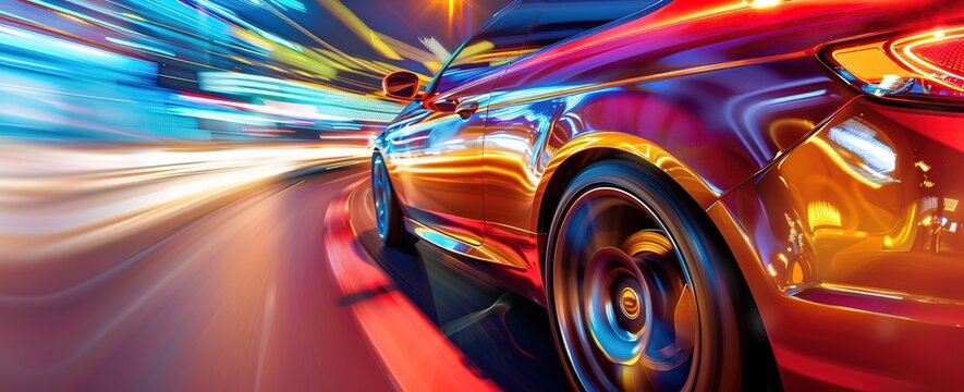 Dynamic Night Drive: A vibrant shot of a speeding car illuminated by city lights, showing movement and energy © Яна Деменишина