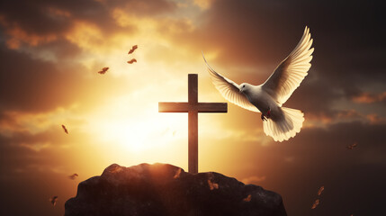 Silhouette of a Cross and a Dove Flying at Sunset - obrazy, fototapety, plakaty