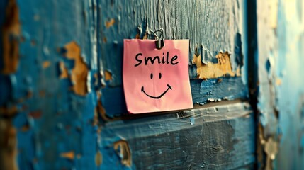 a piece of paper is attached to the door with sigh that says "smile" 
