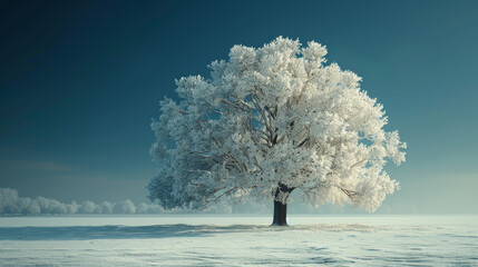 Alone frozen tree in snowy field and dark blue sky.