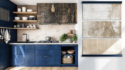 Modern kitchen with blue cabinets and floating shelves, highlighting a sleek design and natural textures. Contemporary home styling with a combination of sophistication and practicality