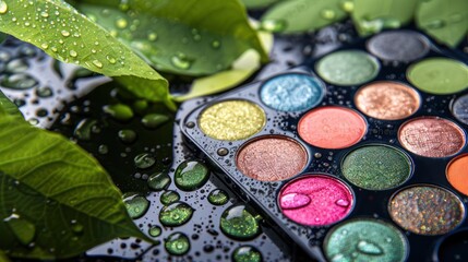 Close-up of eyeshadow palette with vivid colors and water droplets, resting on wet green leaves. Beauty and makeup concept with a fresh, natural background