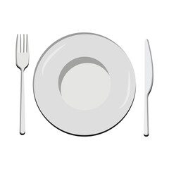 Dish, Empty plate with knife and fork  isolated on a white background. Plate circle icon with long shadow. Flat design style.