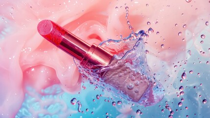 Lipstick submerged in water with bubbles against a pink and blue silk background. High-speed photography with vibrant colors. Design for beauty product advertising, makeup splash concept, poster