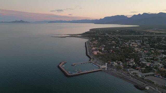Aerial of Loreto Baja California Sur Mexico at sunset with gulf of California 