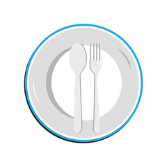 Dish, Empty plate with knife and fork  isolated on a white background. Plate circle icon with long shadow. Flat design style.