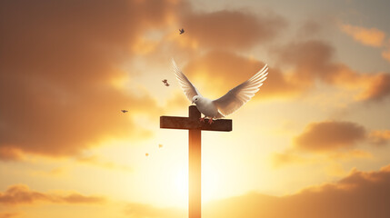 Obraz premium Peaceful Dove on a Cross Silhouette Against a Glowing Sunset Sky