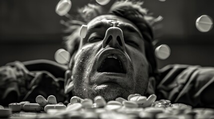 Man in agony with pills falling around him. Drug addiction and overdose concept. Macro shot with copy space for design and print - obrazy, fototapety, plakaty
