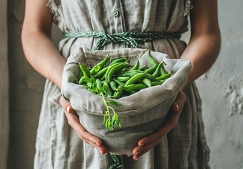 Fresh green beans elegantly displayed on rustic, sun-drenched linen—a beautiful still life of healthy, organic produce