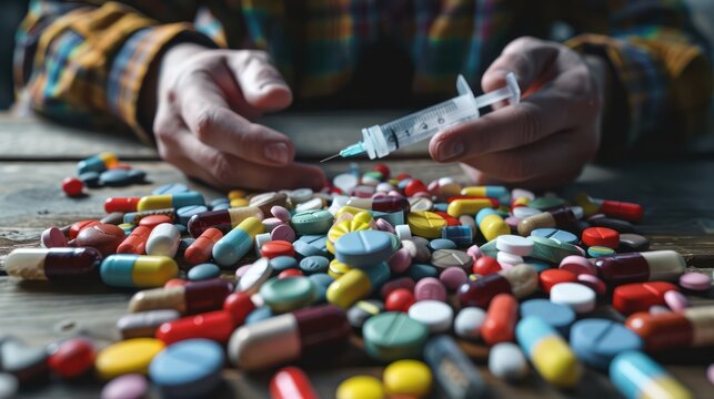 Person's hands with scattered pills and syringe on rustic table. Drug addiction and pharmaceutical concept. Healthcare issues and medication misuse theme for education and print