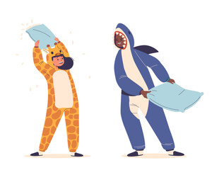 Kids Fun At Kigurumi Pajama Party, Laughter Echoes In A Flurry Of Oversized Animal Onesies. Feathers Fill The Air