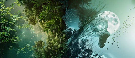 Harmony of Nature and Earth: A vibrant artistic depiction of a green planet, showcasing the beautiful interaction between flora and our blue planet. - obrazy, fototapety, plakaty