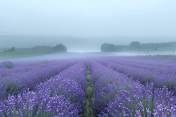 Fototapeta premium Misty lavender fields. Surreal landscape. Background image. Created with Generative AI technology.