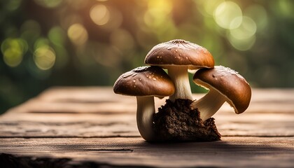 Shiitake mushroom on wooden table - obrazy, fototapety, plakaty