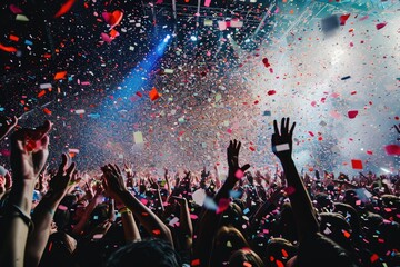 A vibrant crowd of fans at a live concert, cheering and celebrating as confetti fills the air, A...