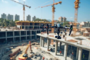 A large remote-controlled drone effortlessly hovers over a busy construction site capturing aerial footage, A construction site with autonomous delivery drones in full swing, AI Generated
