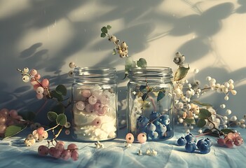 Delicious yogurt jars with fresh berries and whipped cream - obrazy, fototapety, plakaty