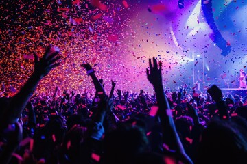 A massive crowd of people at a concert, celebrating with confetti-filled air, A confetti storm...