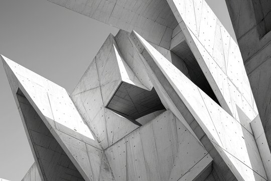 A captivating black and white photograph showcasing the striking architecture of a building, A contemporary design with angular, geometric shapes in monochrome, AI Generated