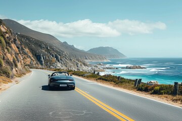 A car speeds down a coastal road with the beautiful ocean as a picturesque backdrop, A convertible sports car driving along a coastal road, AI Generated