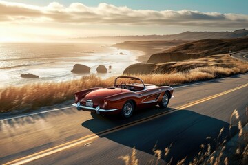 A vibrant red car gracefully cruises along a picturesque road adjacent to the captivating beauty of the ocean, A convertible sports car driving along a coastal road, AI Generated - obrazy, fototapety, plakaty