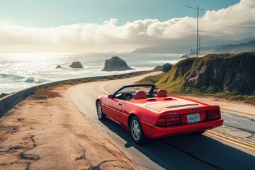 A red sports car speeds down a scenic ocean road with the beautiful blue waters in the background, A convertible sports car driving along a coastal road, AI Generated