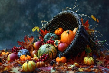 A colorful assortment of pumpkins neatly arranged in a basket, A cornucopia filled with fresh autumn harvest, AI Generated - Powered by Adobe