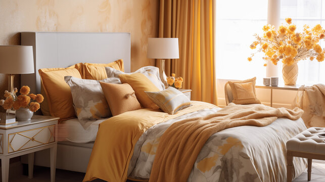 Jasna żółta przytulna sypialnia w stylu glamour - mockup. Żółte słoneczne, złote i białe kolory wnętrza. Render 3d. Wizualizacja